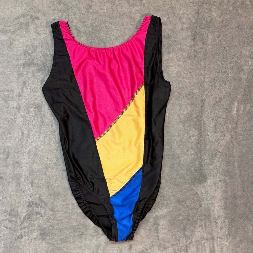 Vintage 80s Rainbeau Bodywear Neon Colorblock Leotard One Piece Swimsuit M